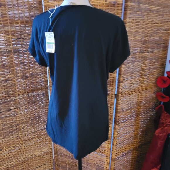 NWT True Grit Black Blouse Rhinestone Buttons Cap Sleeve Black SZ Large - Picture 6 of 6